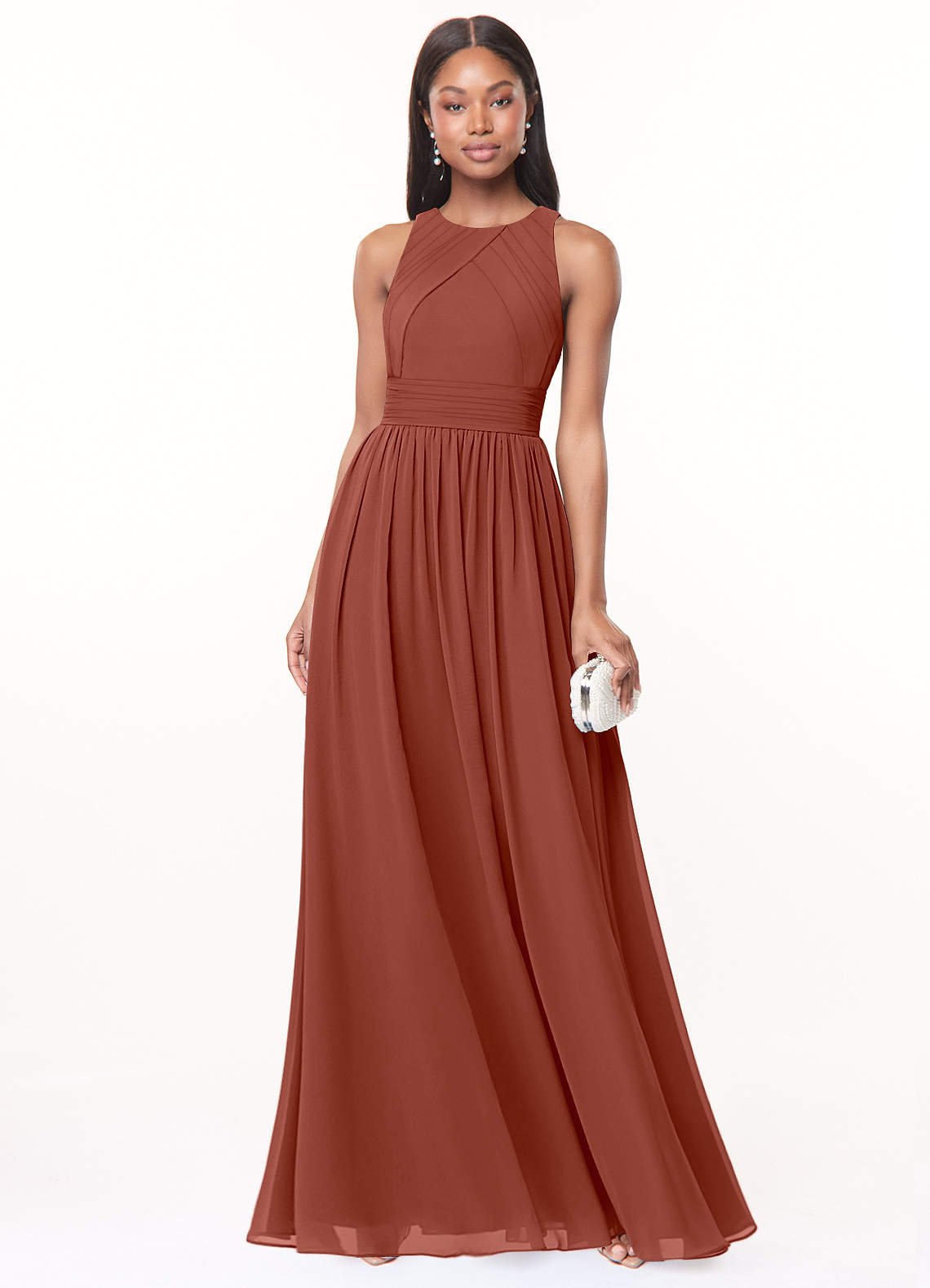 Azazie Harper Robes de demoiselle d'honneur Robe Trapèze en Mousseline de soie Plissée Auburn image1