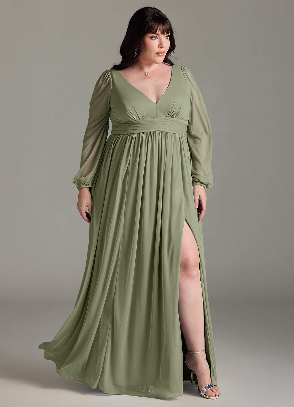 Azazie Norah Vestidos de madrinha de casamento Vestido Pistache de Chiffon de Linha A com Manga comprida image8