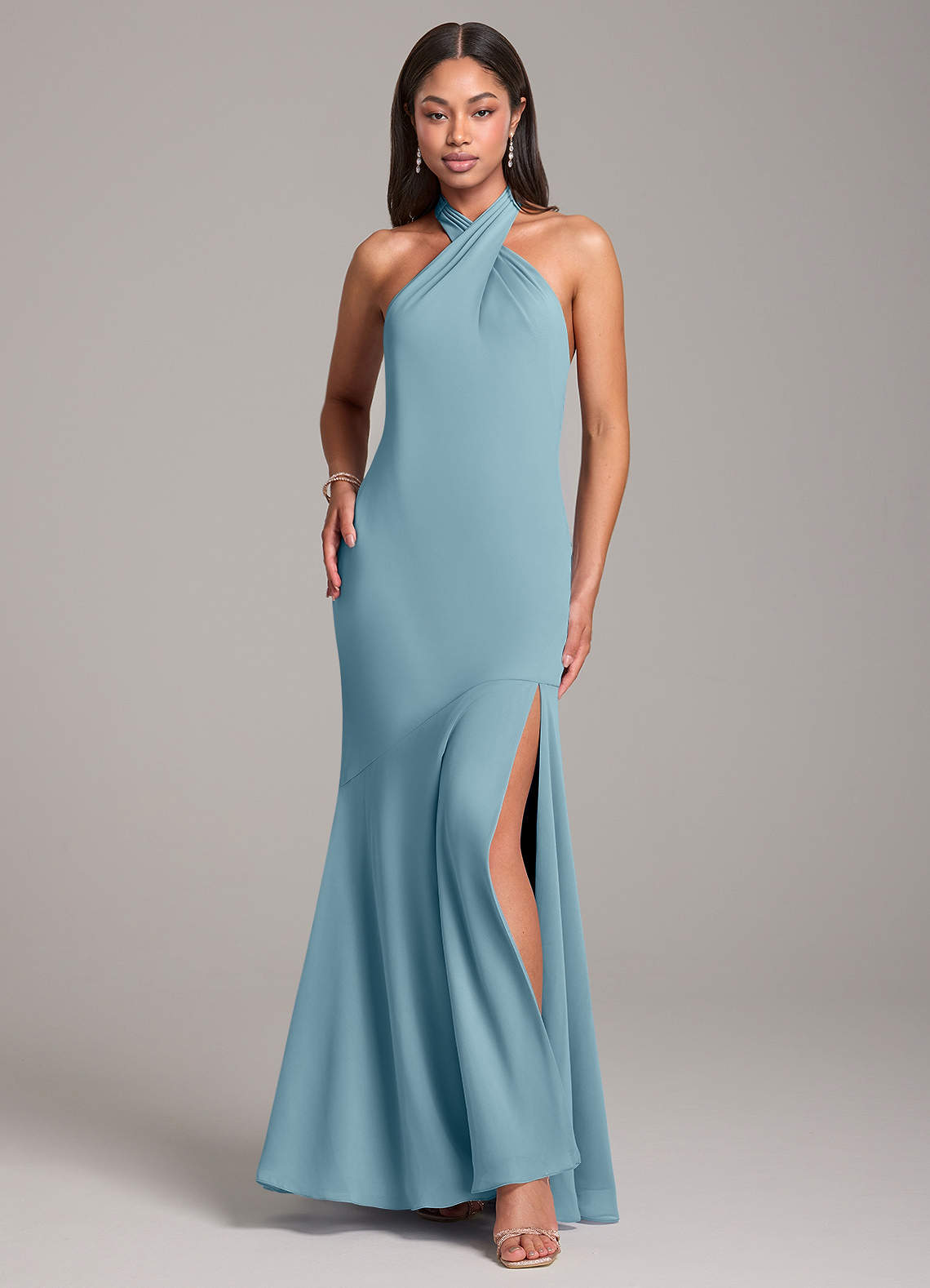 Azazie Lorena Robes de demoiselle d'honneur Robe Sirène en Mousseline de soie Plissée Bleu Maussade image1