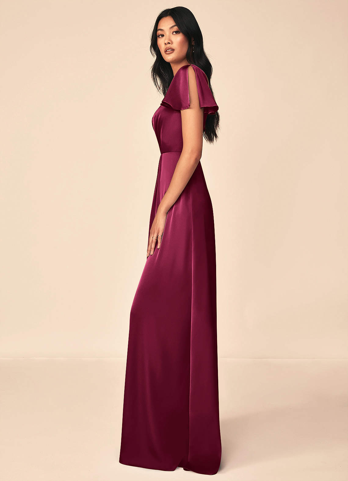 Azazie Soren Bridesmaid Dresses Burgundy A-Line Pleated Stretch Satin Dress image2