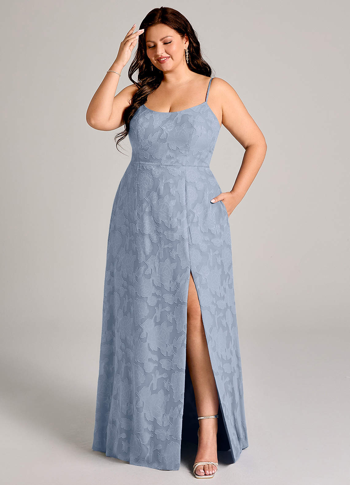Azazie Moira Bridesmaid Dresses Dusty Blue A-Line Side Slit Floral Burnout Dress image1