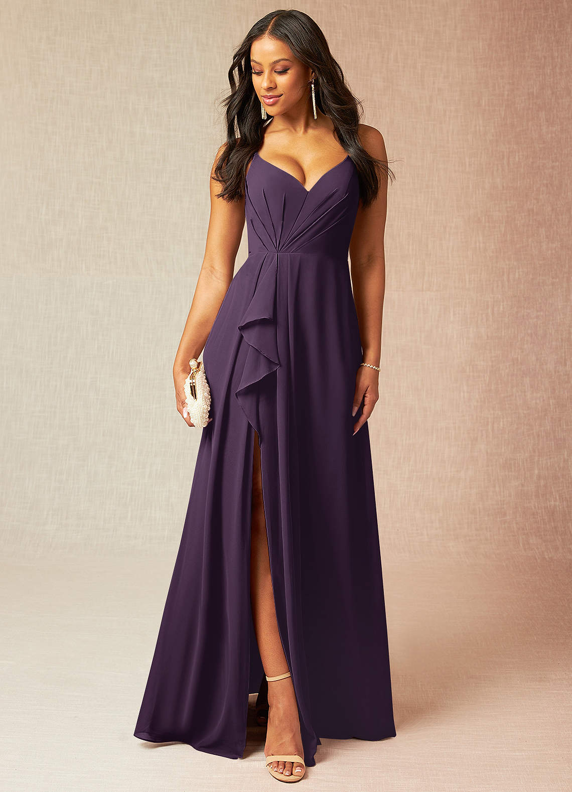 Azazie Kyedae Brautjungfernkleider A-Linie V-Hals Gefaltet Chiffon Kleid Pflaume image1