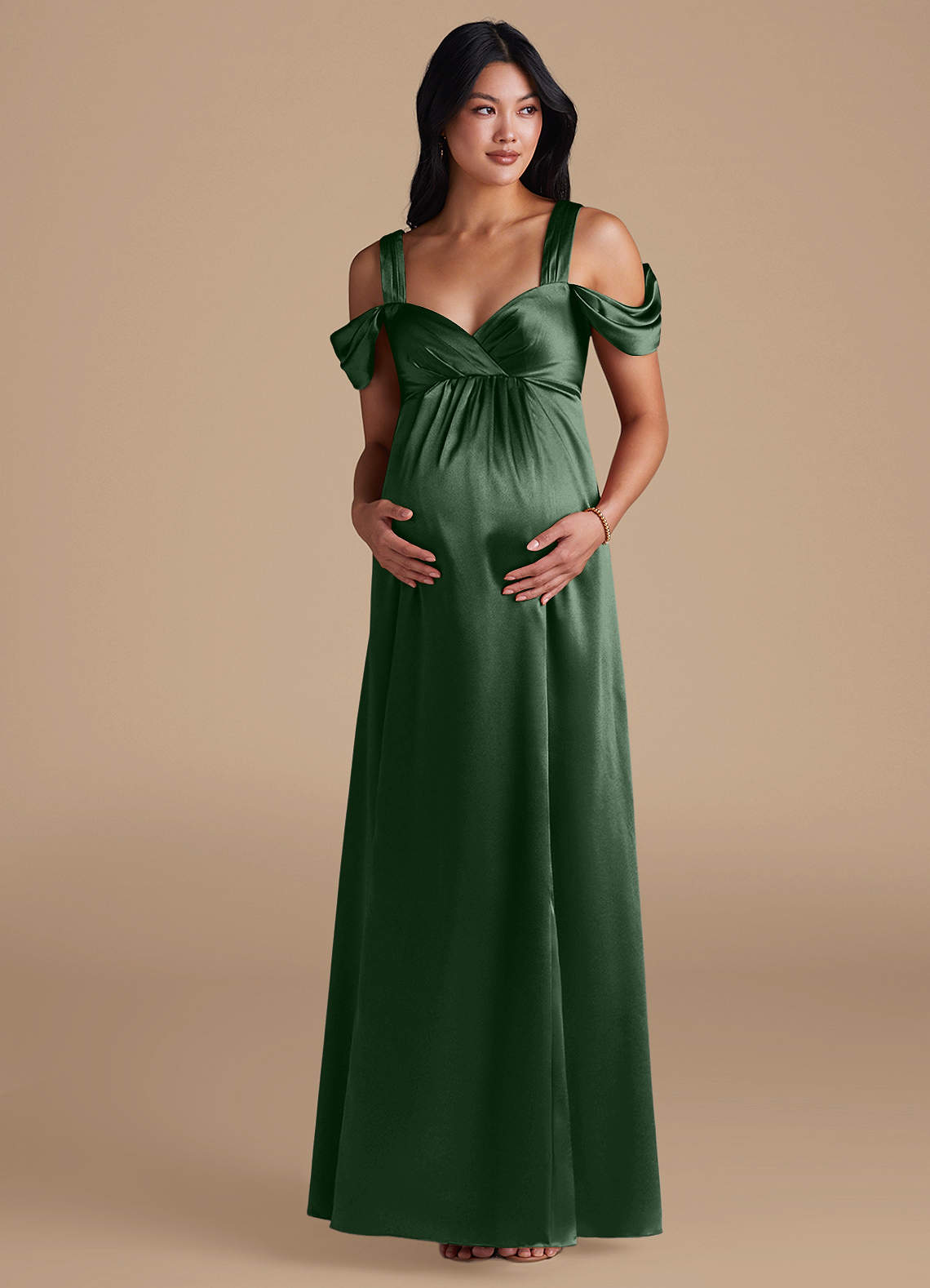 Azazie Rhea vestidos de dama de honor de maternidad Vestido de Corte En A Plisado Hasta el suelo Satén Metálico image5
