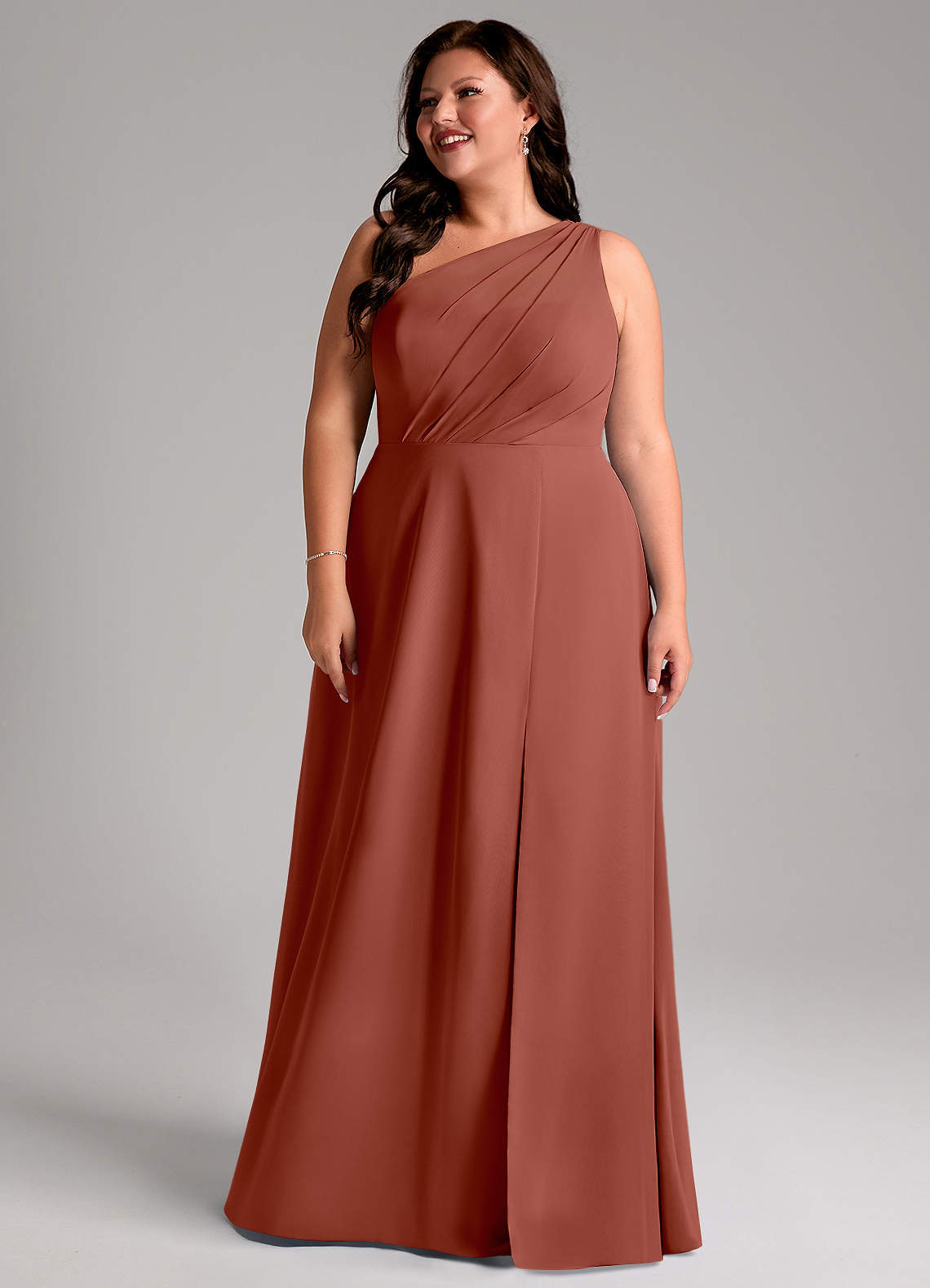 Azazie Phaedra Jurken voor bruidsmeisjes Jurk van Chiffon met A-lijn One-shoulder Kastanjebruin image1