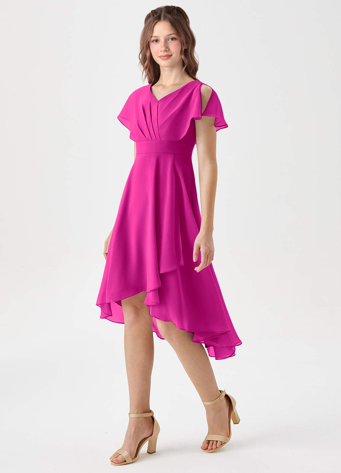 Azazie Graciela Junior Fuchsia A-Line Pleated Chiffon Dress image1