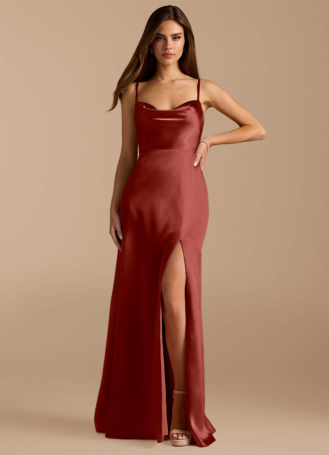 Azazie Erma Ready to Ship Terracotta Metallic Satin Bridesmaid Dresses |  Azazie