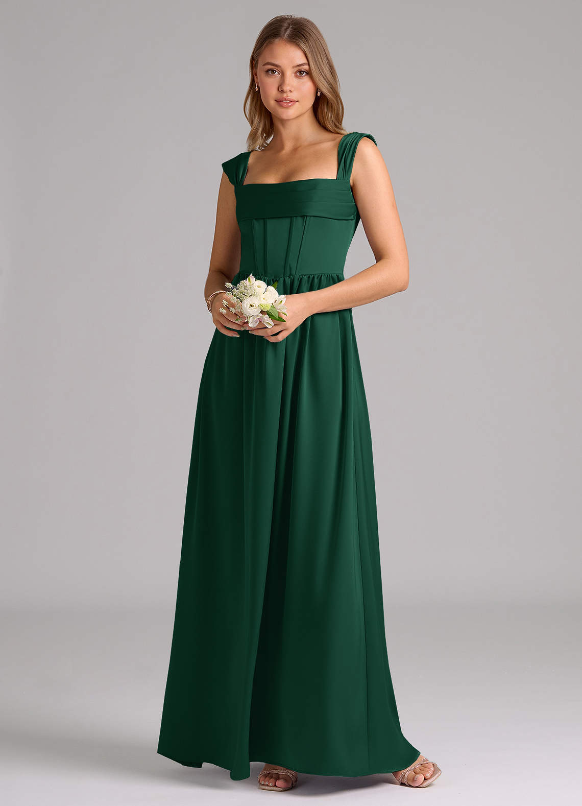 Azazie Hattie Vestidos de damas de honor Vestido de Verde Oscuro de Satén Elástico de Corte en A con Corsé image1