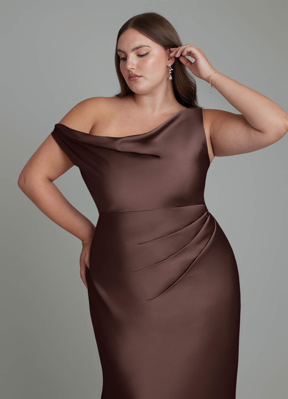 Azazie Emerson Bridesmaid Dresses Ganache Mermaid Off the Shoulder Stretch Satin Dress image11
