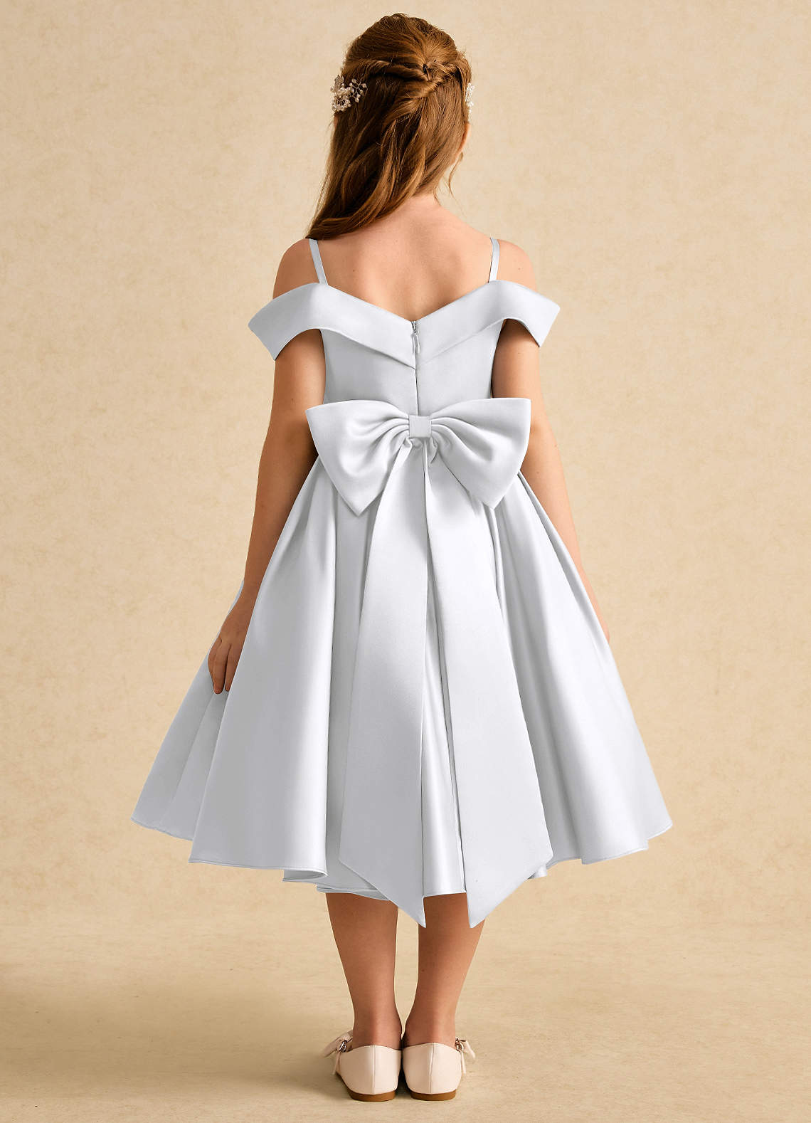 Azazie Favia Flower Girl Dresses White A-Line Off the Shoulder Matte Satin Dress image1