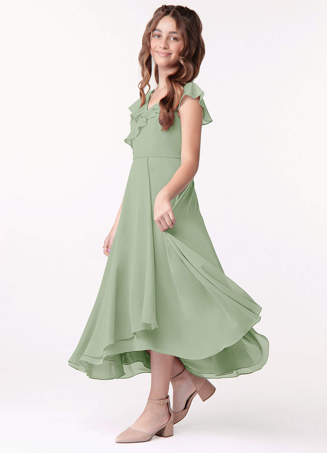 Azazie Posie Junior Dusty Sage A-Line Ruched Chiffon Dress image1