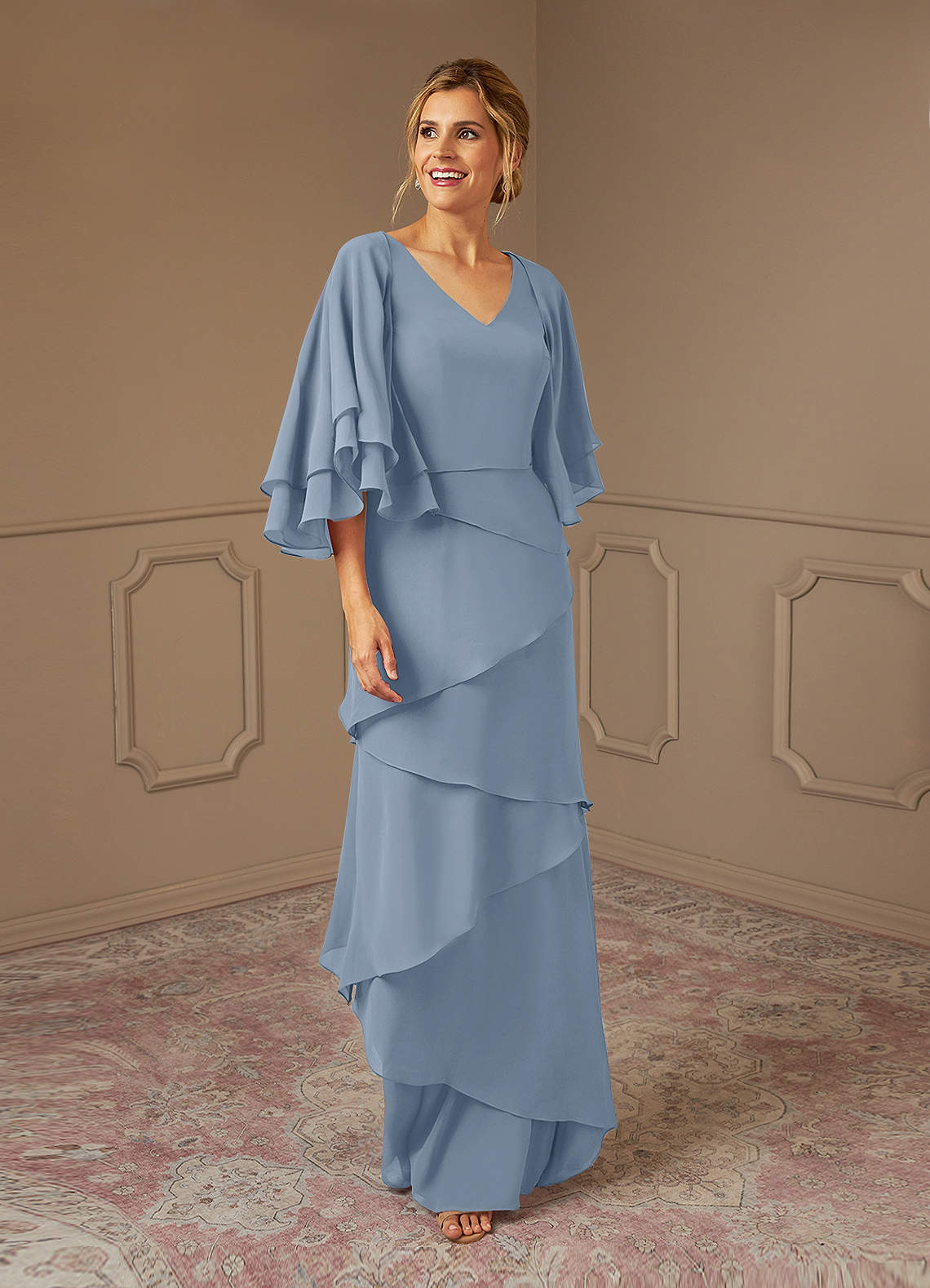 Azazie OHara vestidos de madre de la novia Vestido de Azul Polvoriento de Gasa de Corte En A con Cuello en V image1