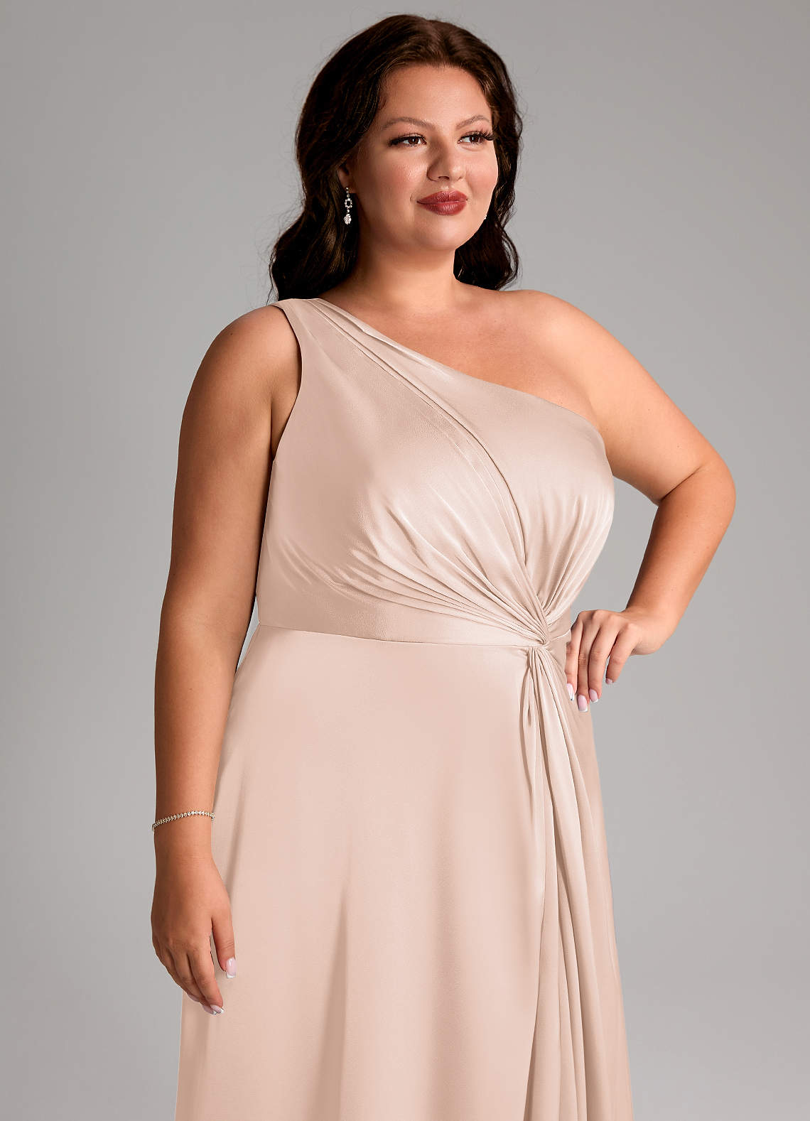 Azazie Brooke Vestidos de madrinha de casamento Vestido Rosa Corado de Cetim elástico de Linha A com Um ombro image12