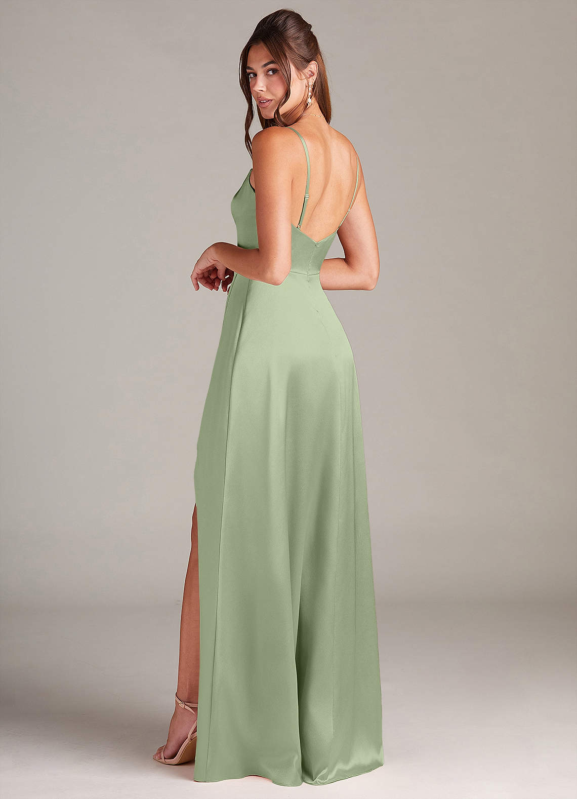 Azazie Sarella Brudtärnklänningar Klä av A-Linje i Metallisk satin med fickor Dusty Sage image3