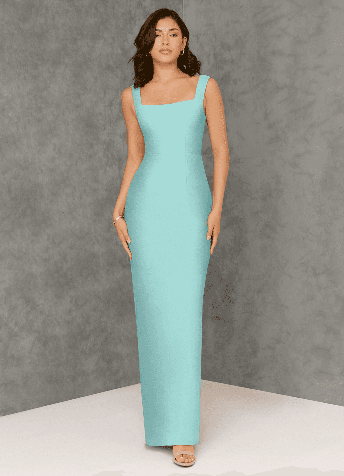 Azazie Flori Robes de demoiselle d'honneur Robe Fourreau en Mousseline de soie Col Carré Aqua image1