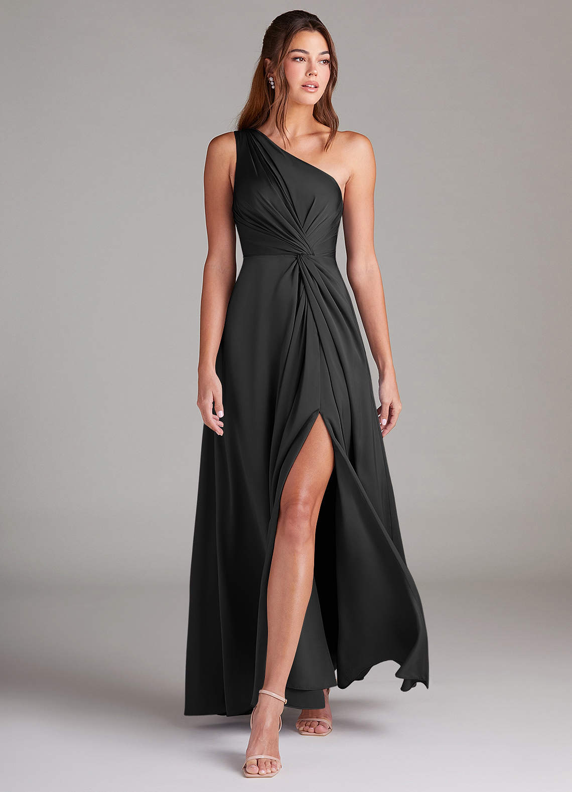 Azazie Brooke Bridesmaid Dresses Black A-Line One Shoulder Stretch Satin Dress image2