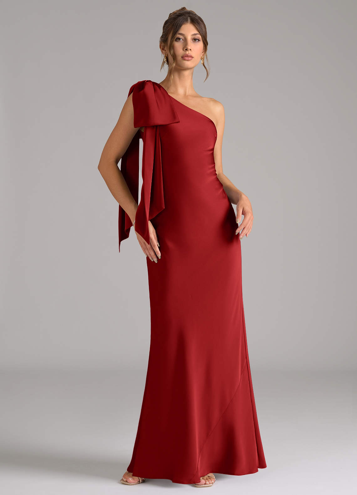 Azazie Capri Jurken voor bruidsmeisjes Jurk van Stretch Satijn met Zeemeermin One-Shoulder Granaatappel image1