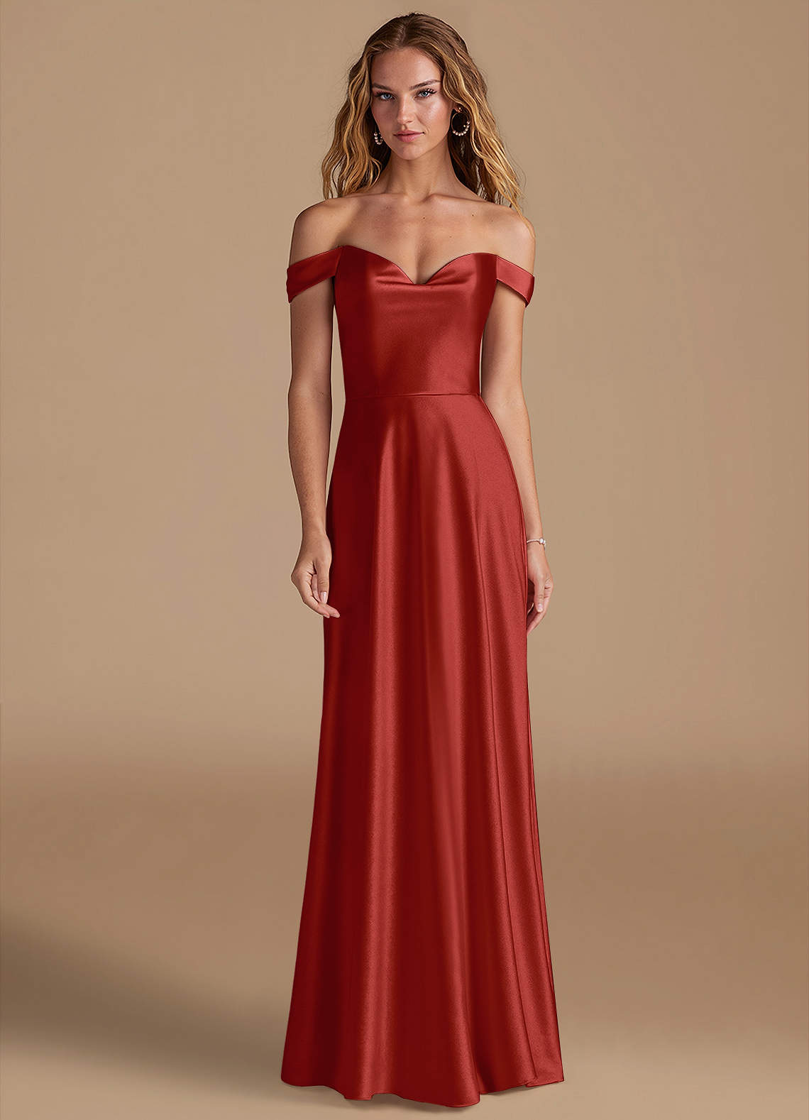 Azazie Jackalin Robes de demoiselle d'honneur Robe Trapèze Convertible en Satiné métallisé Épaule décolletée Rouille image1