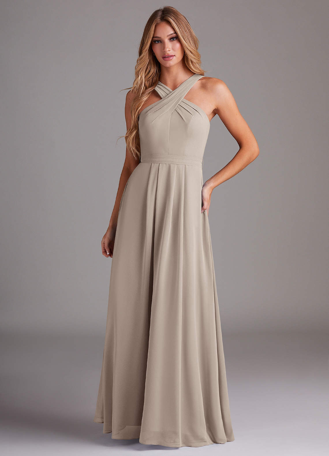 Azazie Dixie Bridesmaid Dresses Frost A-Line Halter Pleated Chiffon Dress image1