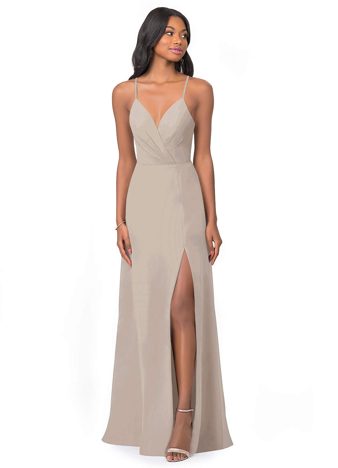 Azazie Everleigh Robes de demoiselle d'honneur Robe Trapèze en Mousseline de soie Plissé en cœur Givre image1