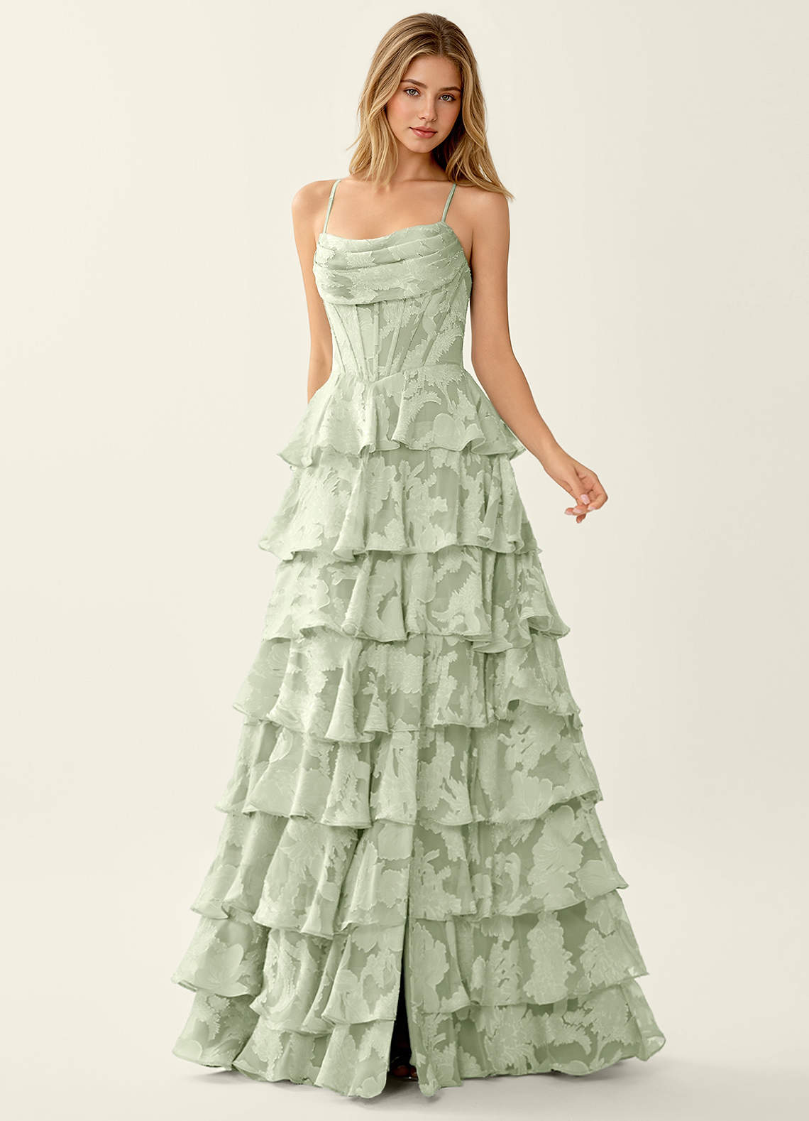 Wrenana Light Green Textured Floral Jacquard Prom Dress | Azazie