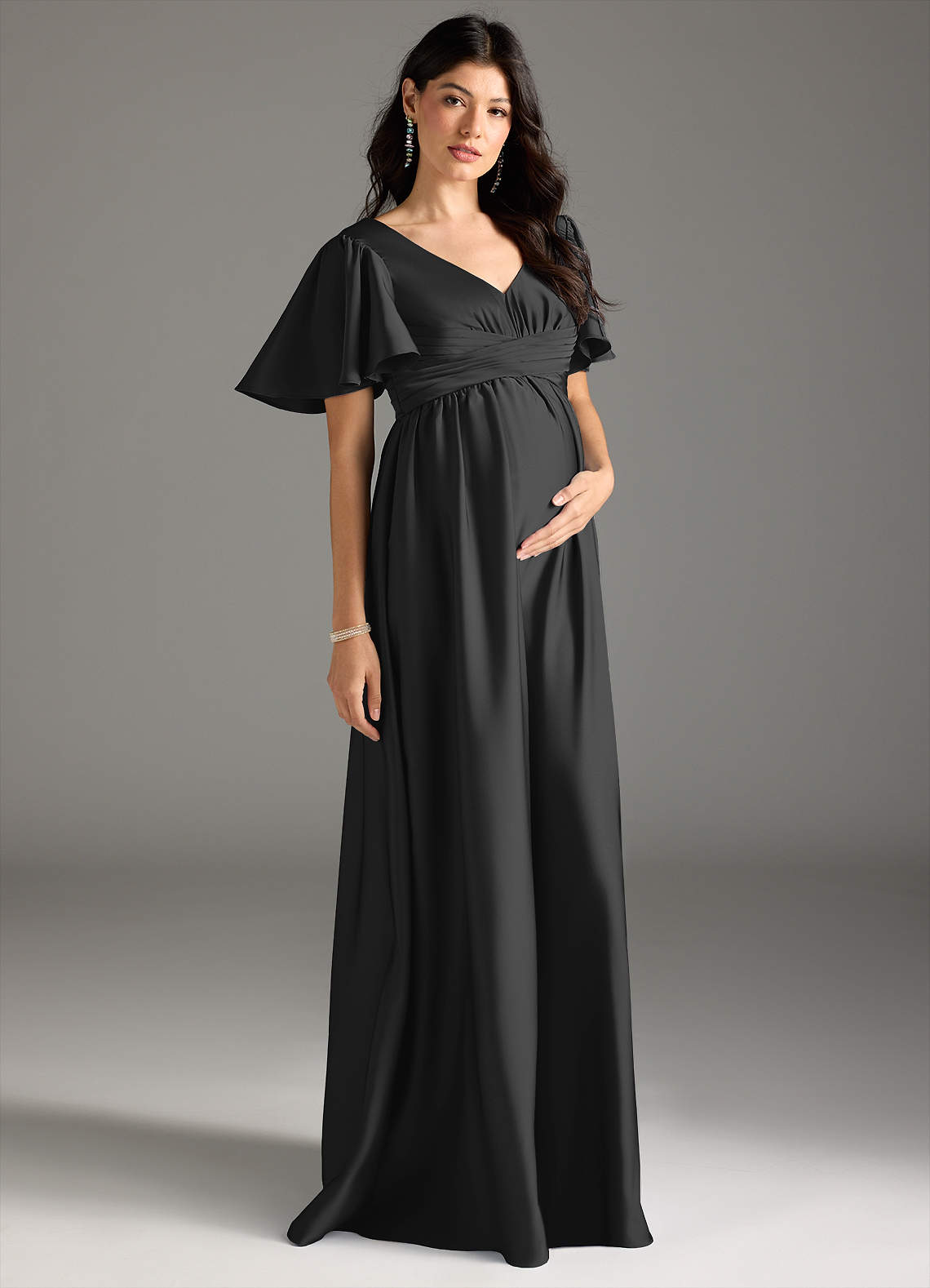 Azazie Verna vestidos de dama de honor de maternidad Vestido de Corte En A Volante Hasta el suelo Satén Elástico image4