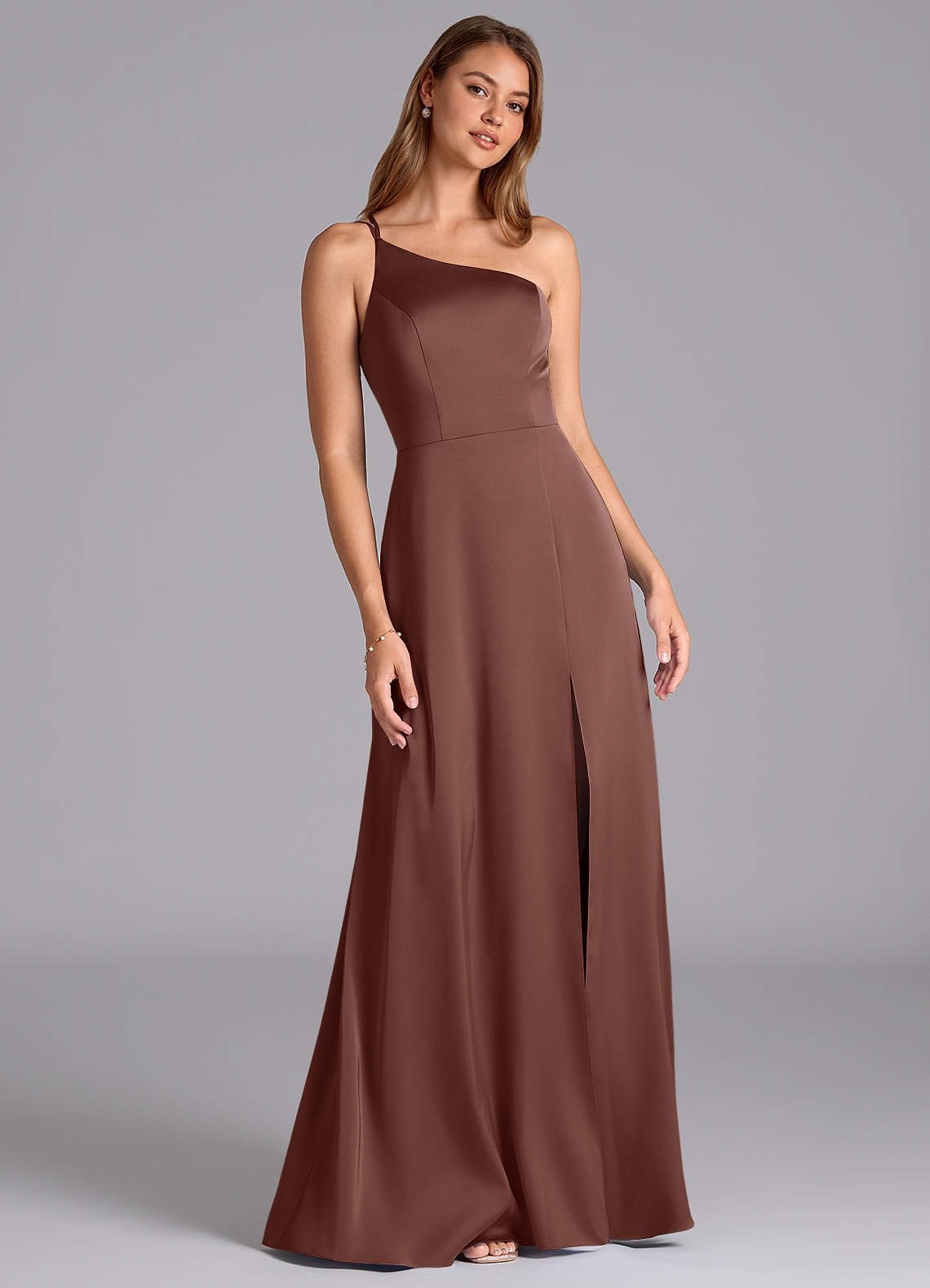 Azazie Trina Bridesmaid Dresses Espresso A-Line One Shoulder Stretch Satin Dress image1