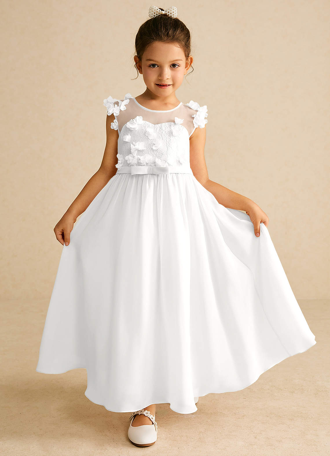 Azazie Arlo Flower Girl Dresses Diamond White A-Line Bow Chiffon Dress image1