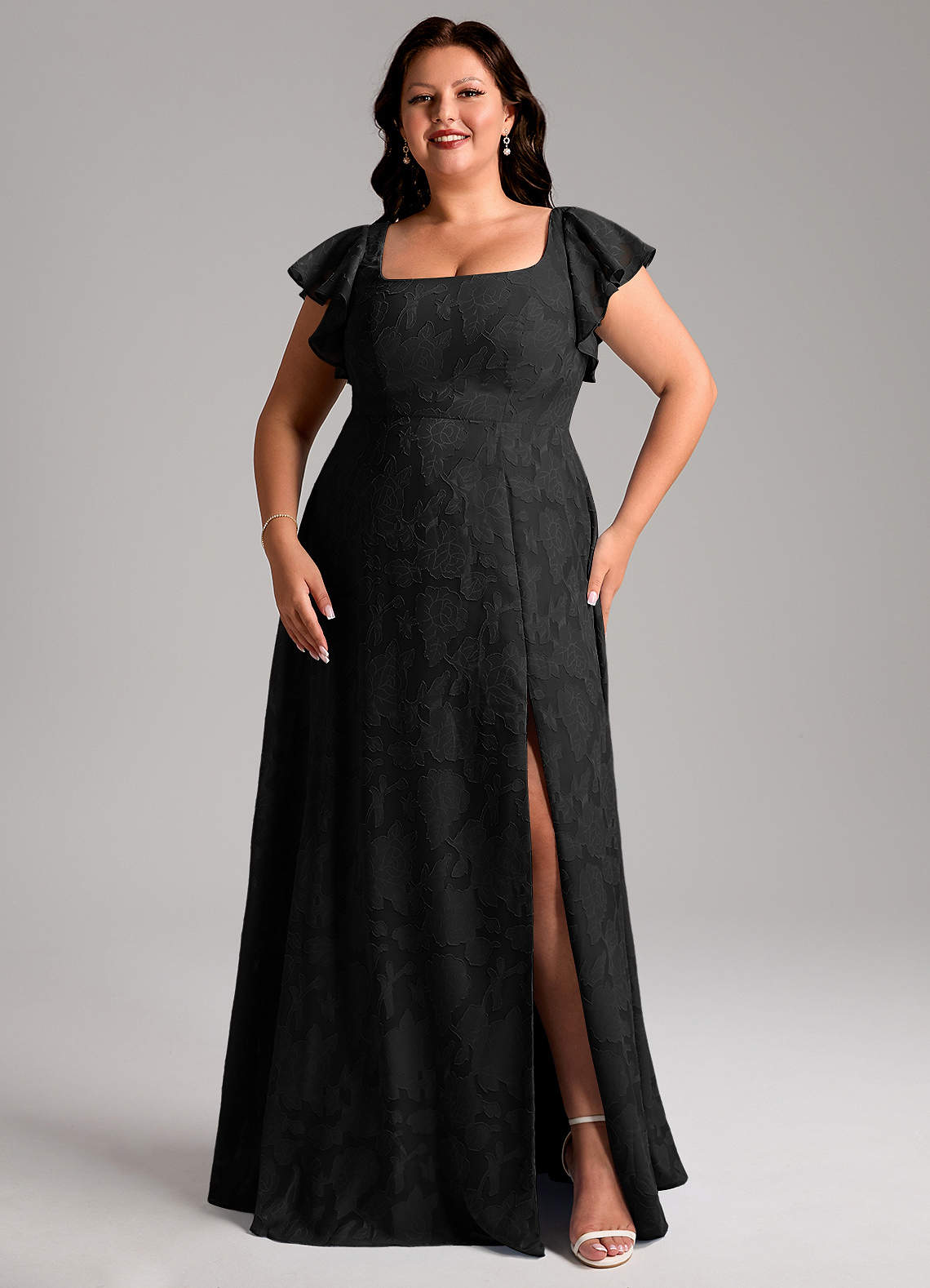 Azazie Bondi Bridesmaid Dresses Black A-Line Side Slit Floral Burnout Dress image9