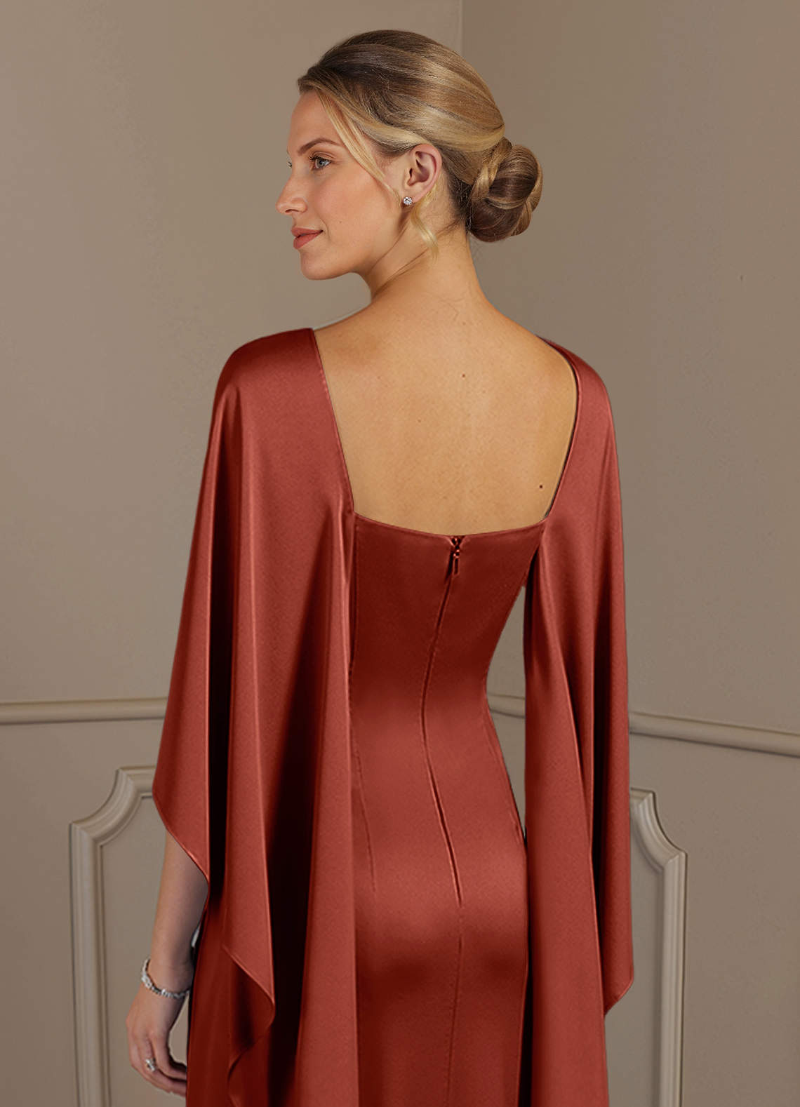 Azazie Eli Mother of the Bride Dresses Terracotta Sheath Boatneck Stretch Satin Dress image5