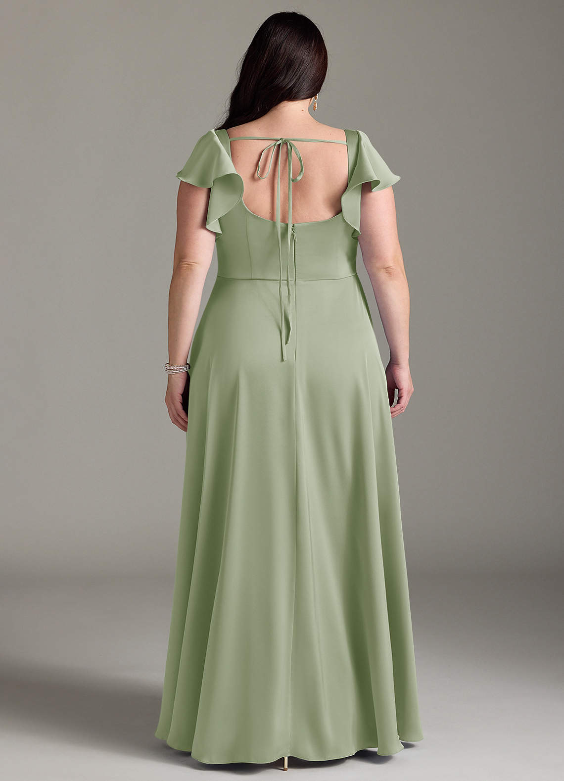 Azazie Bondi Vestidos de madrinha de casamento Vestir Dusty Sage de Cetim elástico de Linha A com Arco image7