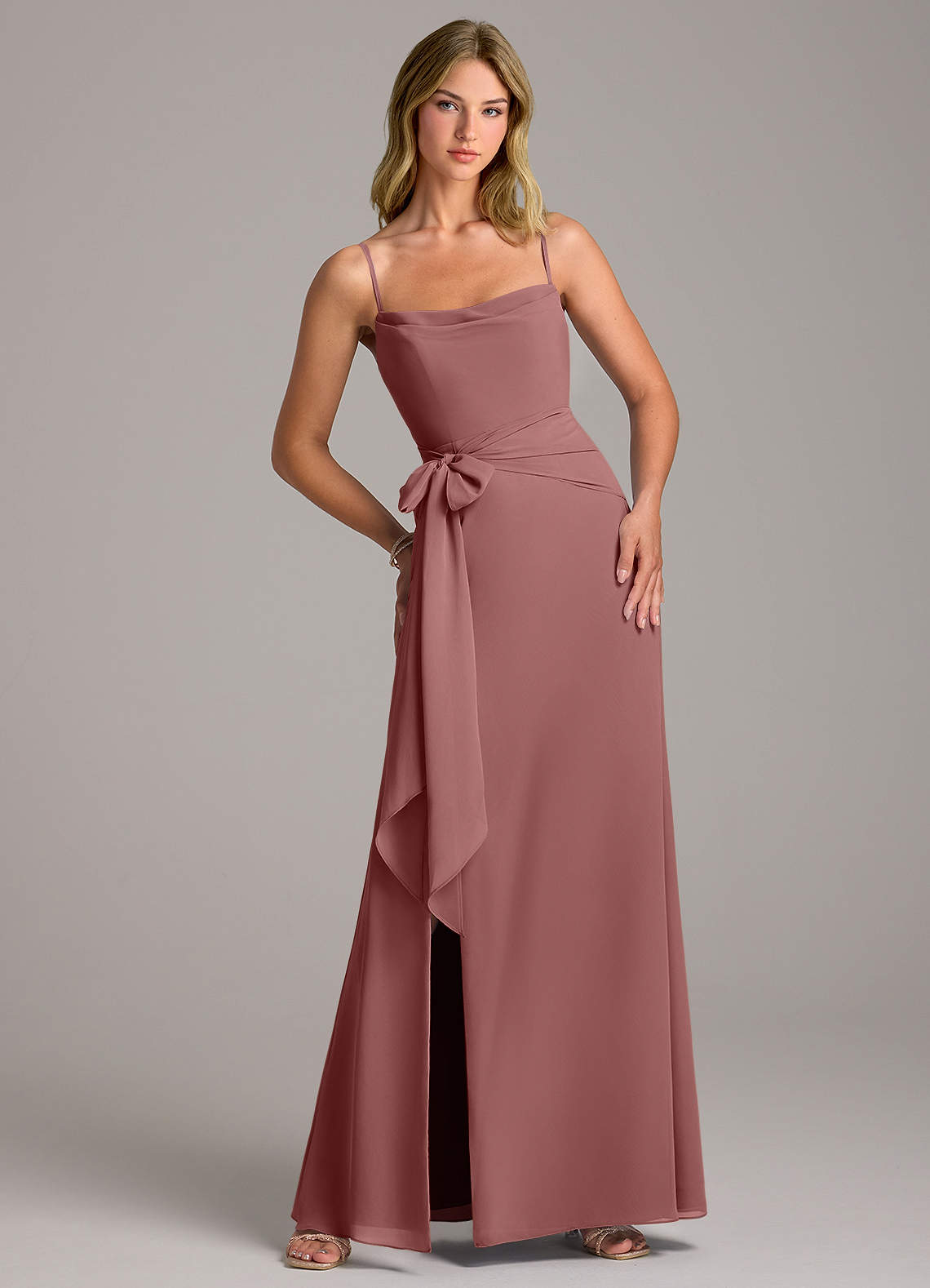 Azazie Tahlia Bridesmaid Dresses Desert Rose A-Line with Belt Chiffon Dress image1