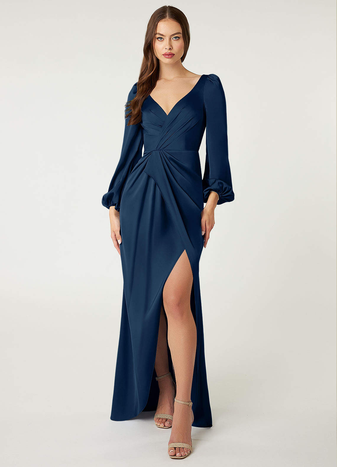 navy silk dress long sleeve Navy Blue Satin Long Sleeve A-line Maxi Bridesmaid Dress