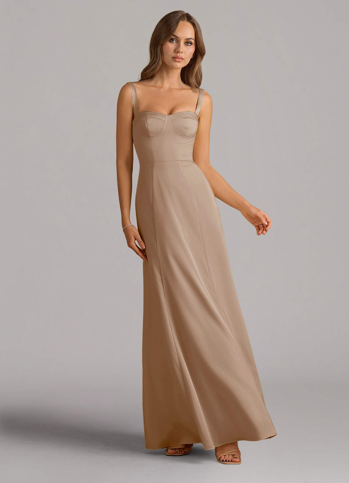 Azazie Amaris Bridesmaid Dresses Taupe A-Line Corset Stretch Satin Dress image1