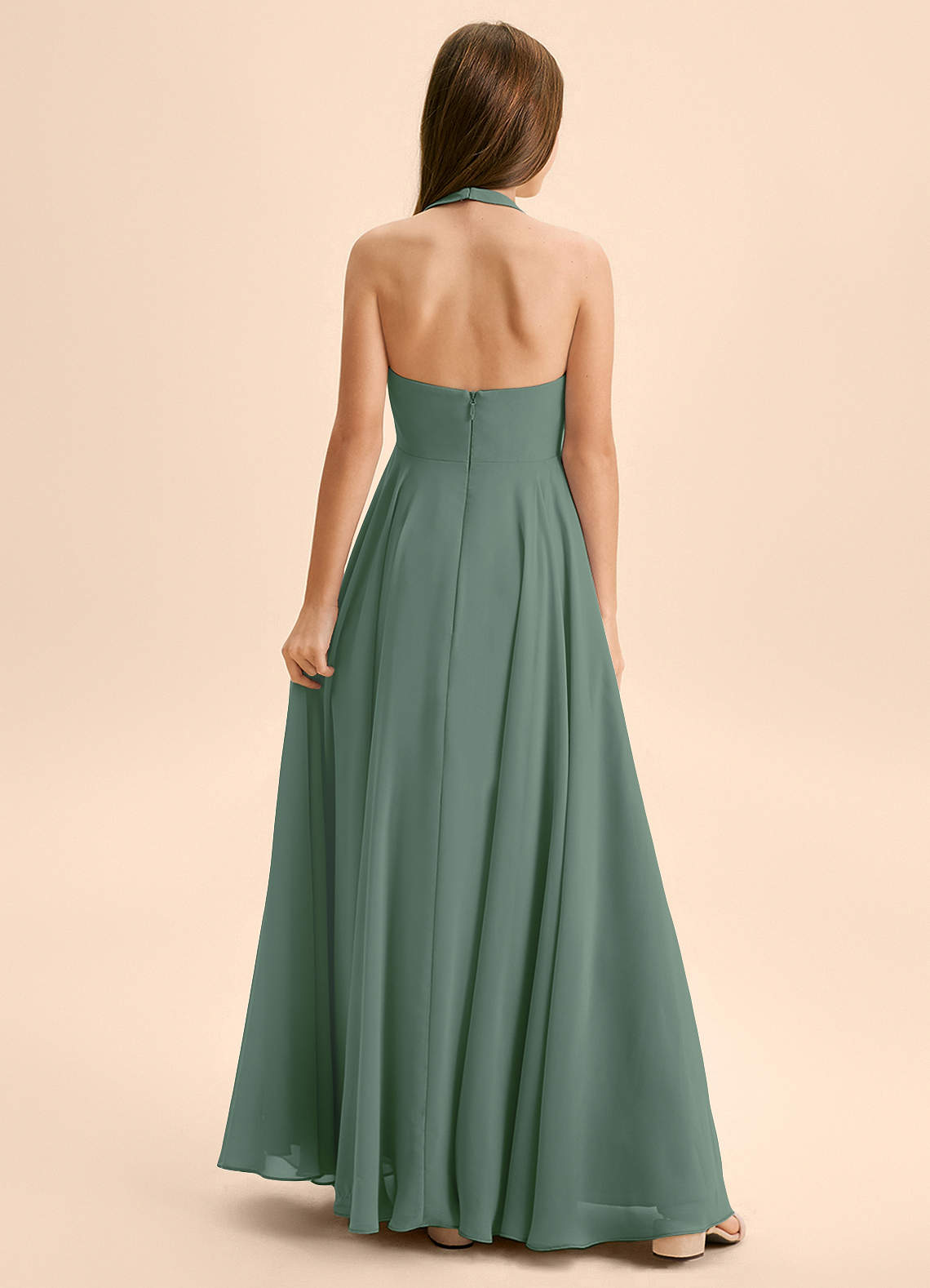 Azazie Kady Junior Abito A-Line in Chiffon Scollo a Cuore Eucalipto image1