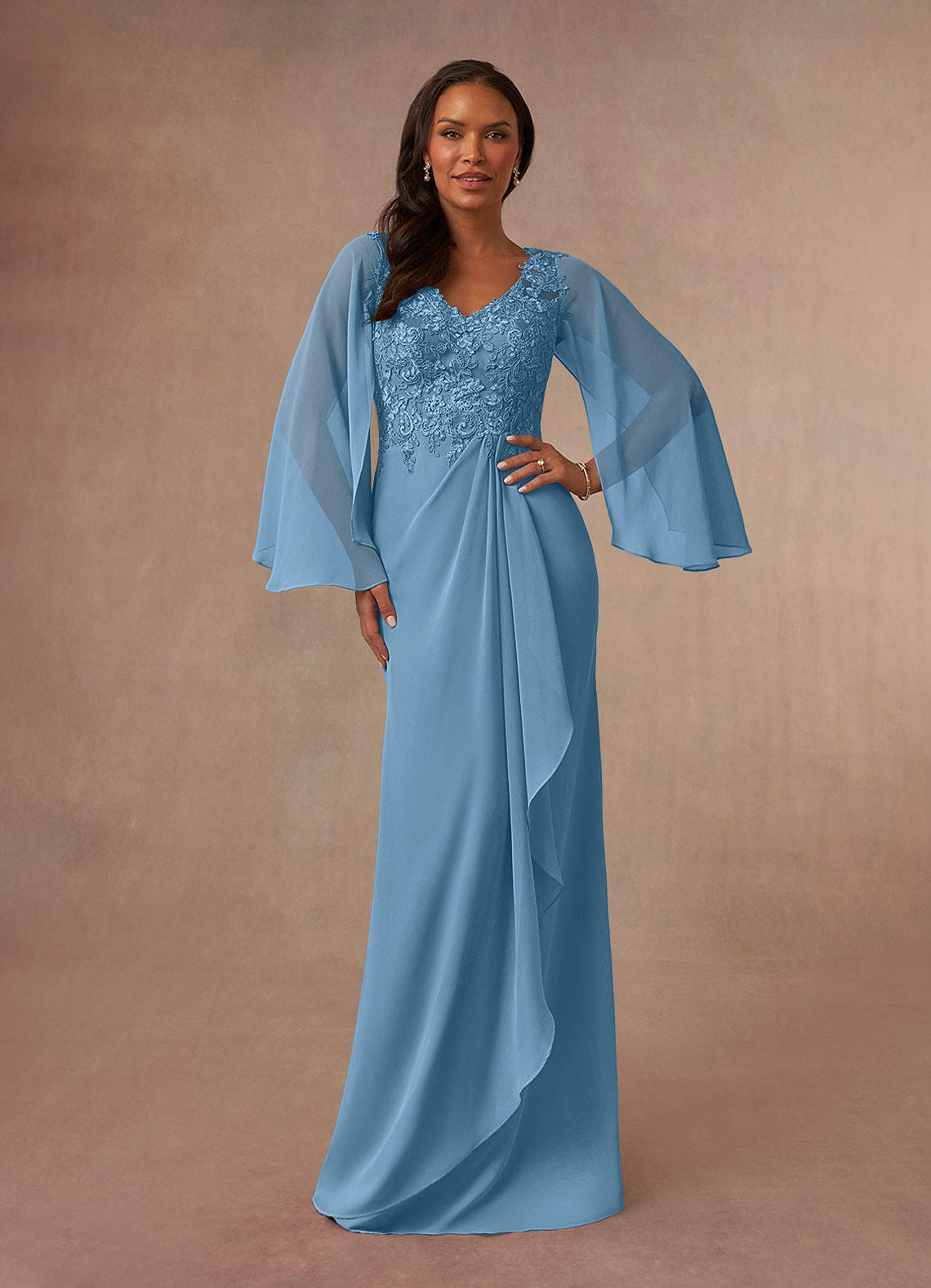 Azazie Perry Mother of the Bride Dresses Steel Blue Mermaid V-Neck Lace Chiffon Dress image1
