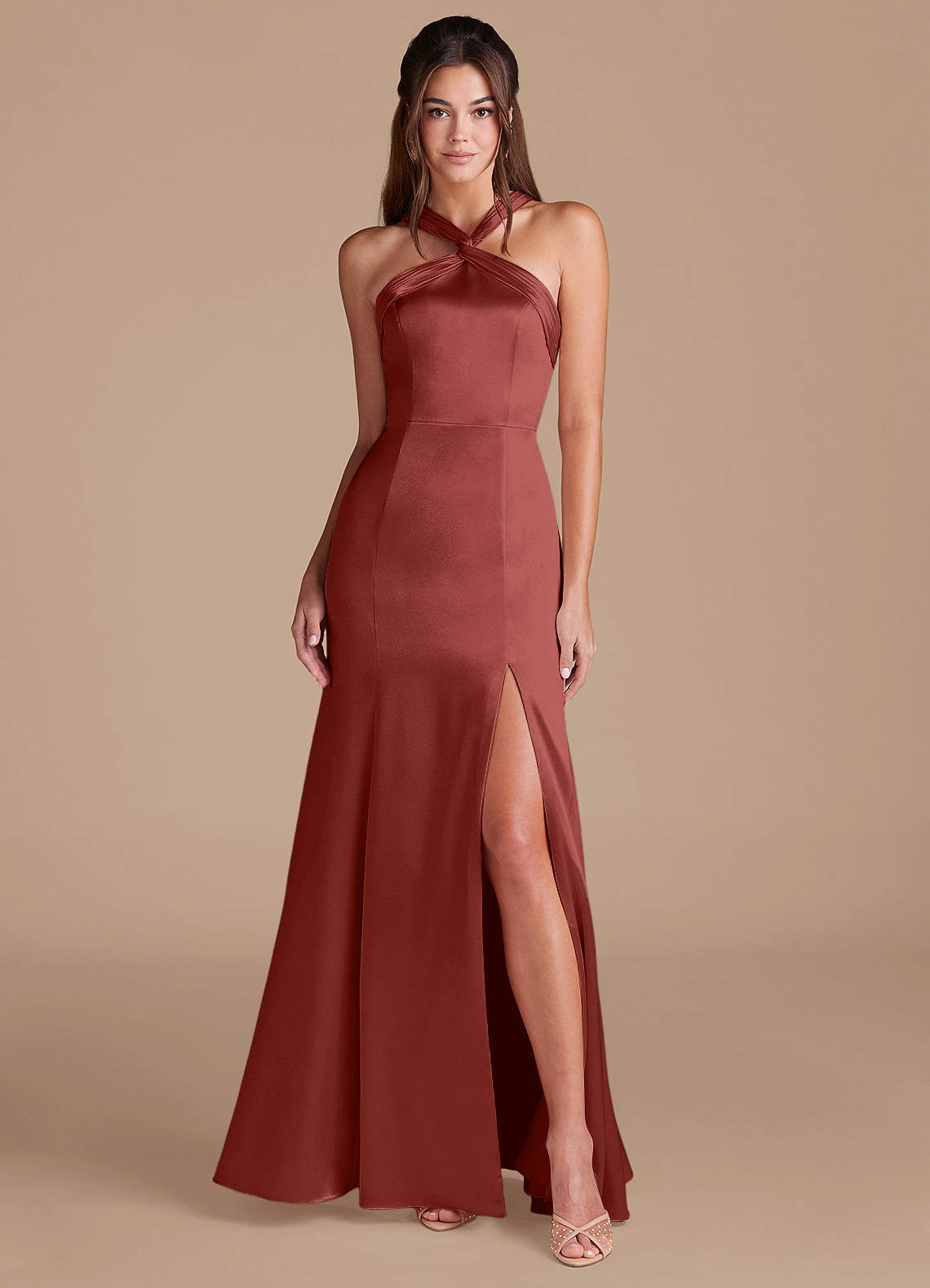 Azazie Rue Bridesmaid Dresses Terracotta Sheath Pleated Metallic Satin Dress image1