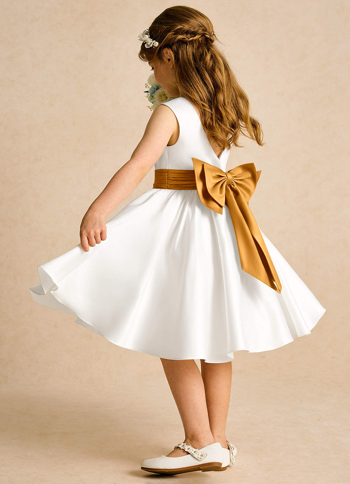 Azazie Sosie Flower Girl Dresses Ivory Butterscotch A-Line Pleated Matte Satin Dress image3
