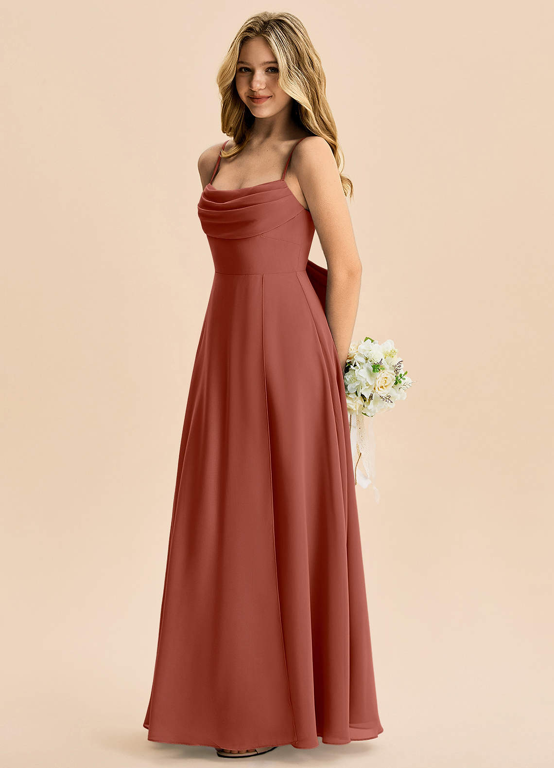 Azazie Bear Junior A-linja Pliseerattu Sifonki Lattian pituus Nuorempi morsiusneito Pukeutua image4