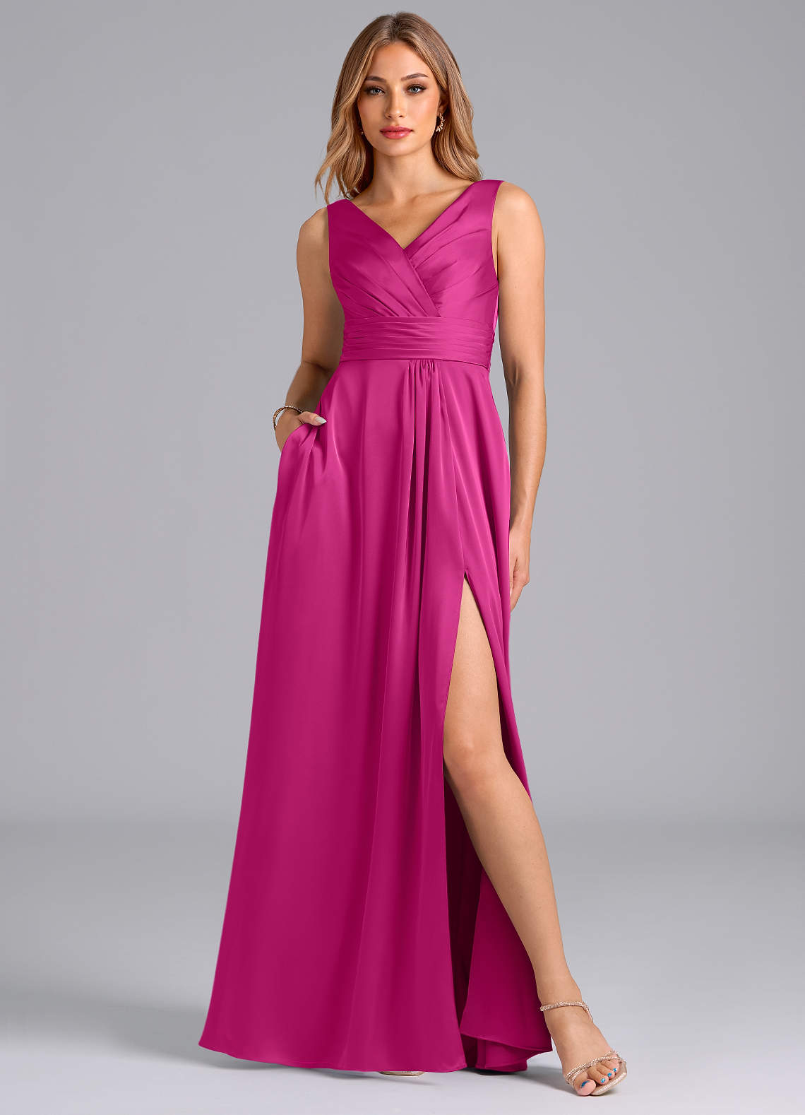 Azazie Karina Brautjungfernkleider A-Linie Plissee Stretch-Satin Kleid Fuchsia image1