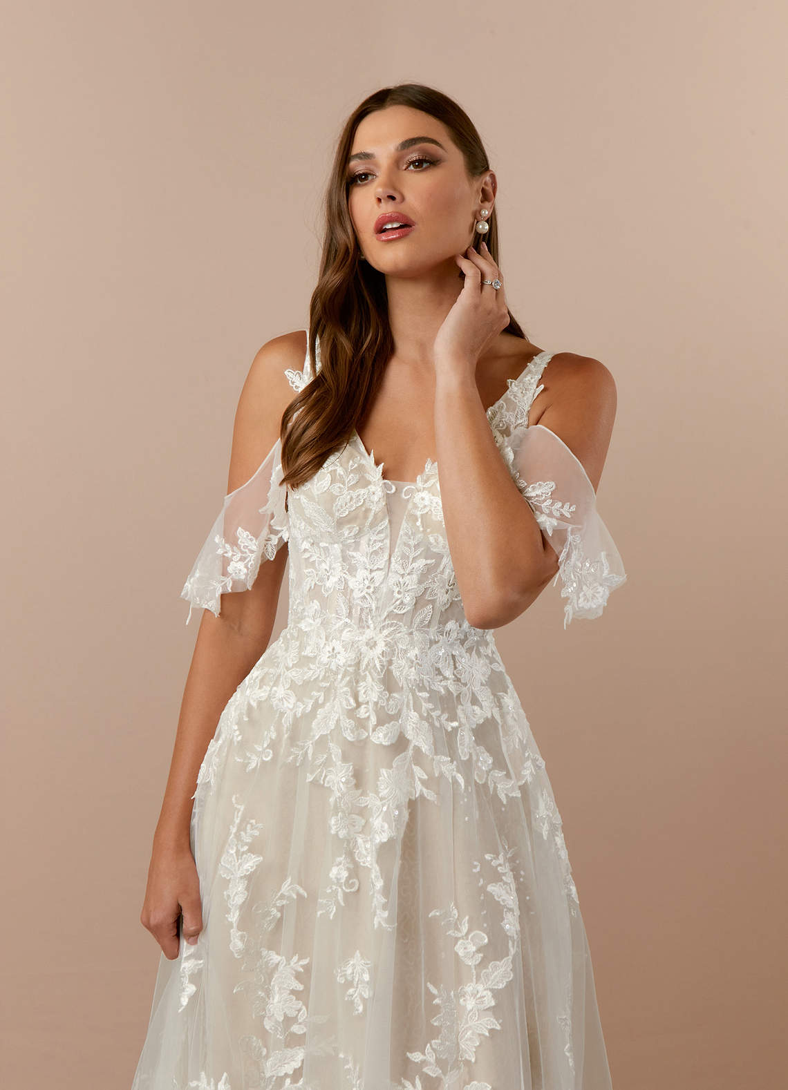 Azazie Ada Wedding Dresses Diamond White Nude A-Line V-Neck lace Tulle Dress image4