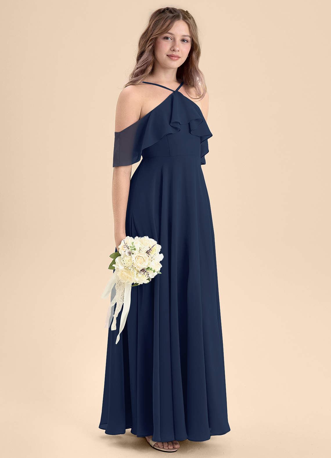 navy blue chiffon junior bridesmaid dresses Azazie A-Line/Princess Off The Shoulder Floor-Length Sash at waist Active Collection Women's Western Maxi Dress Size Guide:US 12 / UK 16