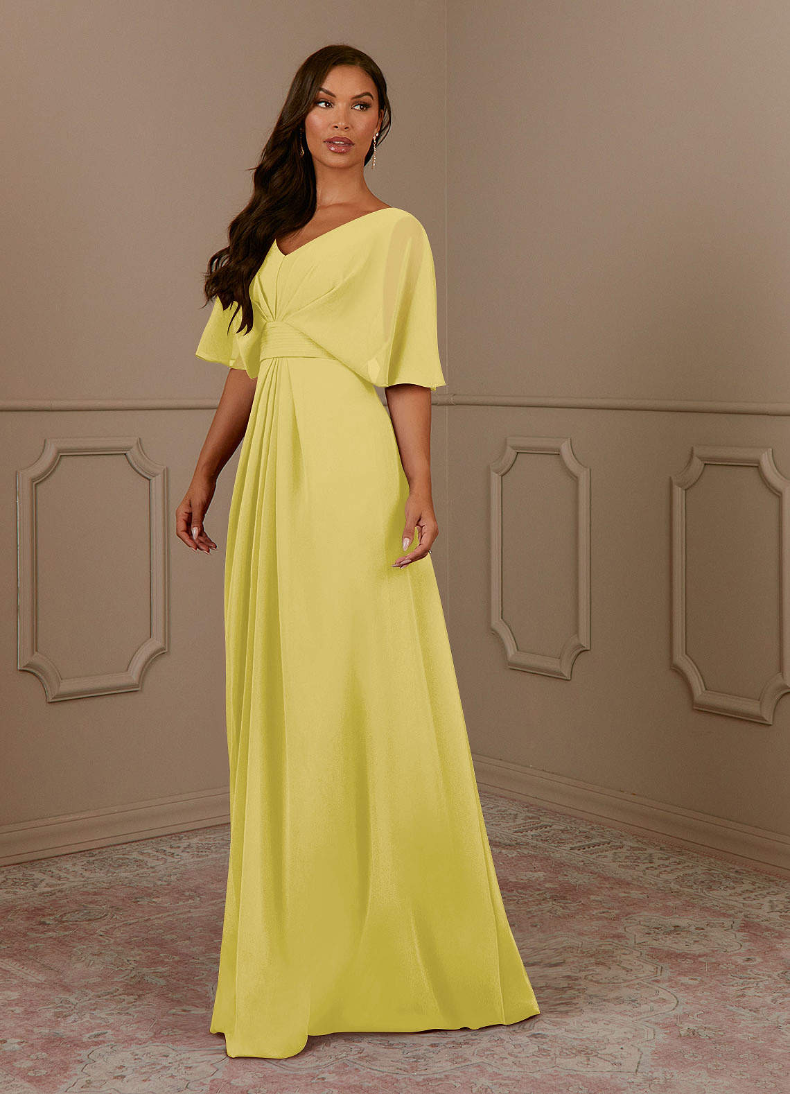 Azazie Oksana Canary A-Line V-Neck Pleated Chiffon Dress | Azazie