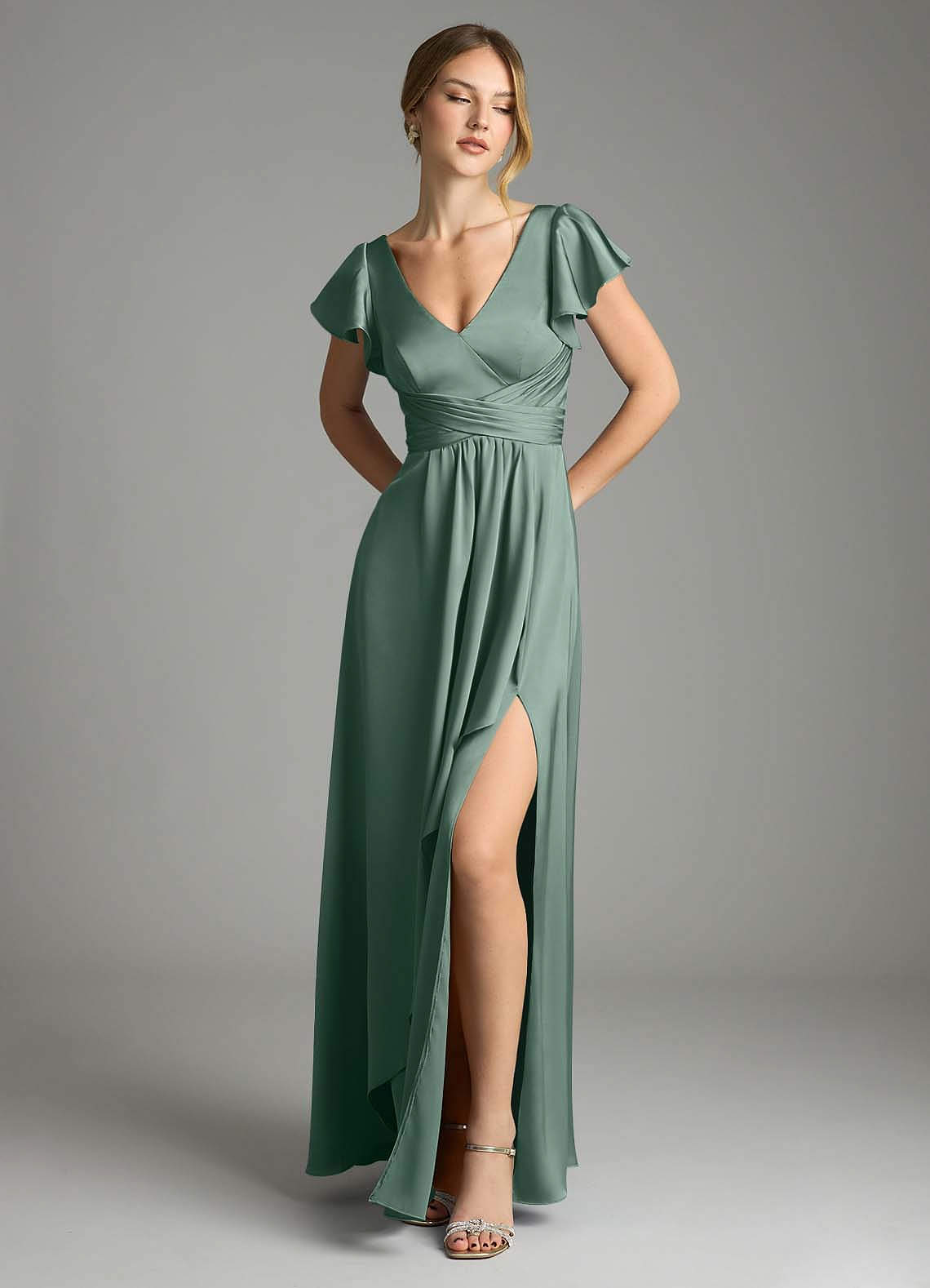 Azazie Omari Eucalyptus Stretch Satin Bridesmaid Dresses | Azazie Azazie Omari Eucalyptus Stretch Satin Bridesmaid Dresses | Azazie