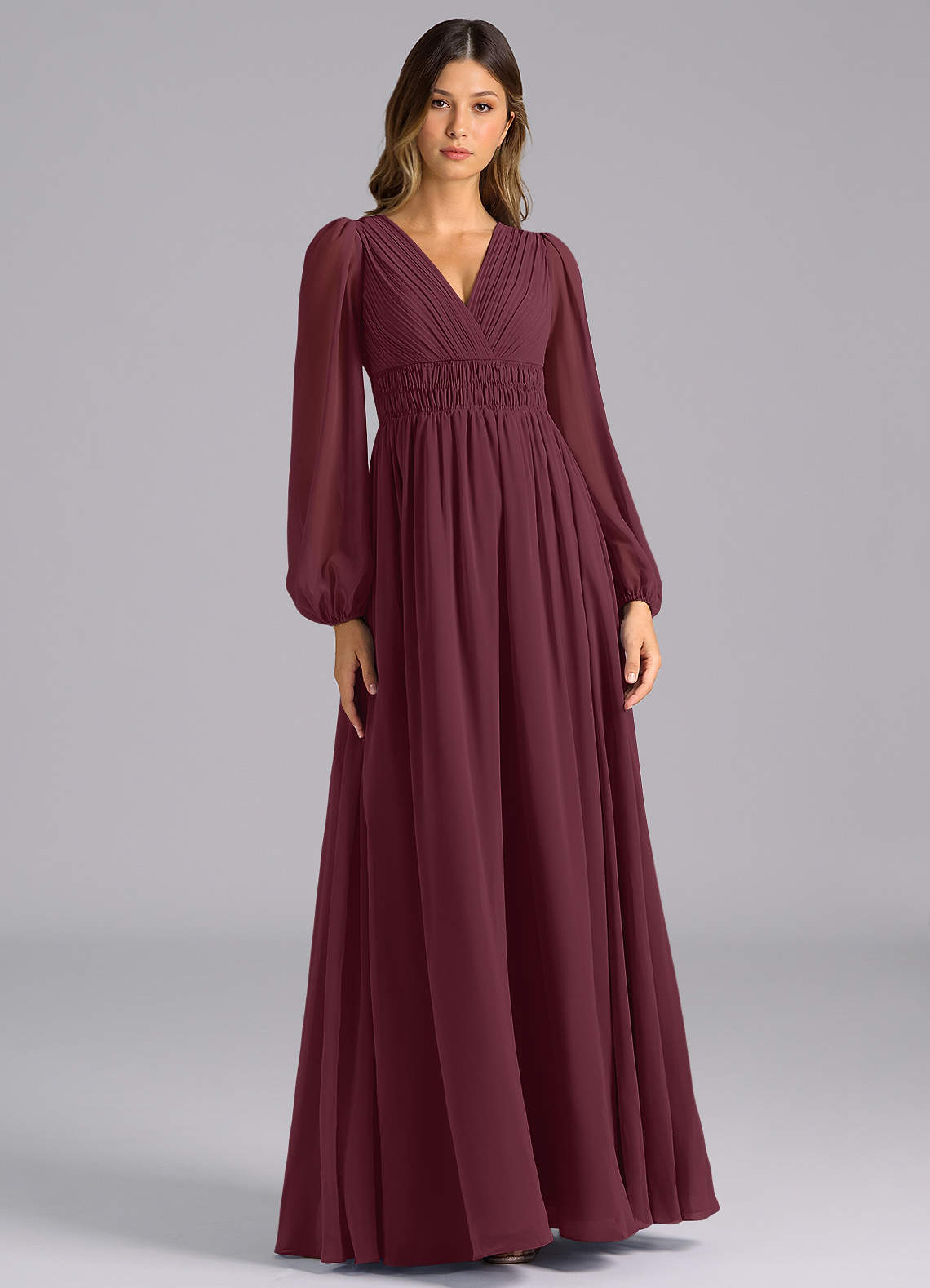Azazie Palerma Bridesmaid Dresses Cabernet A-Line Long Sleeve Chiffon Dress image1