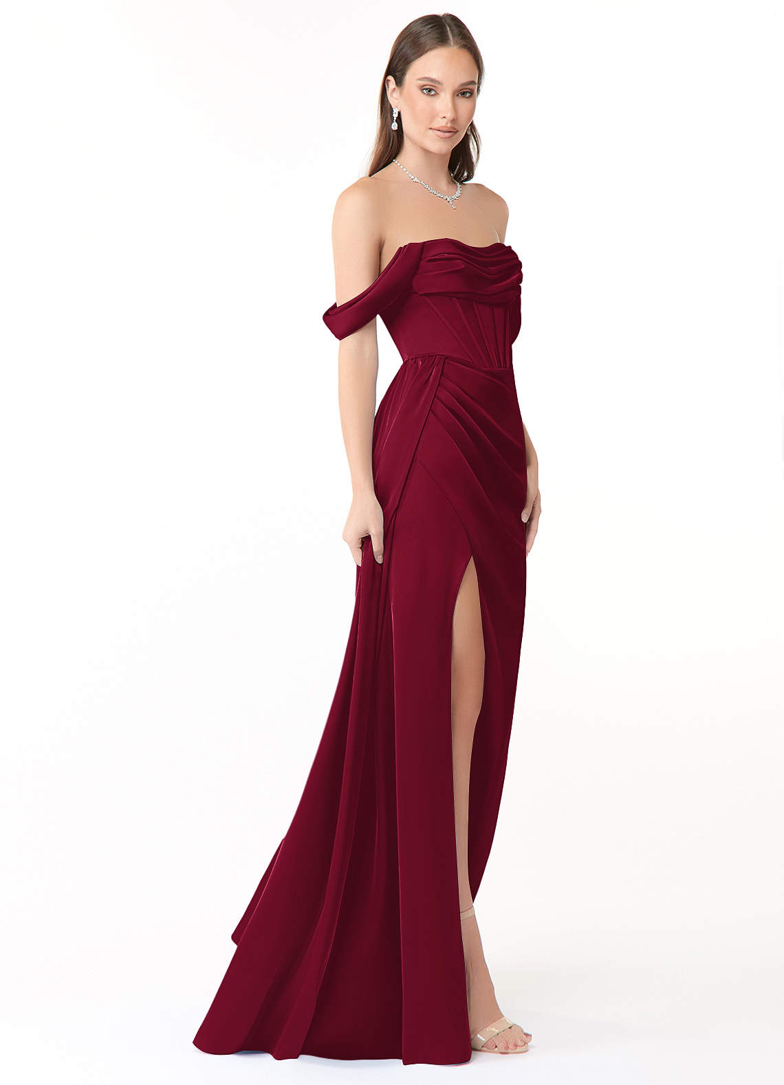 Azazie Amyra At-home Try On Dresses Burgundy Sheath Off the Shoulder Stretch Satin Convertible Dress image4