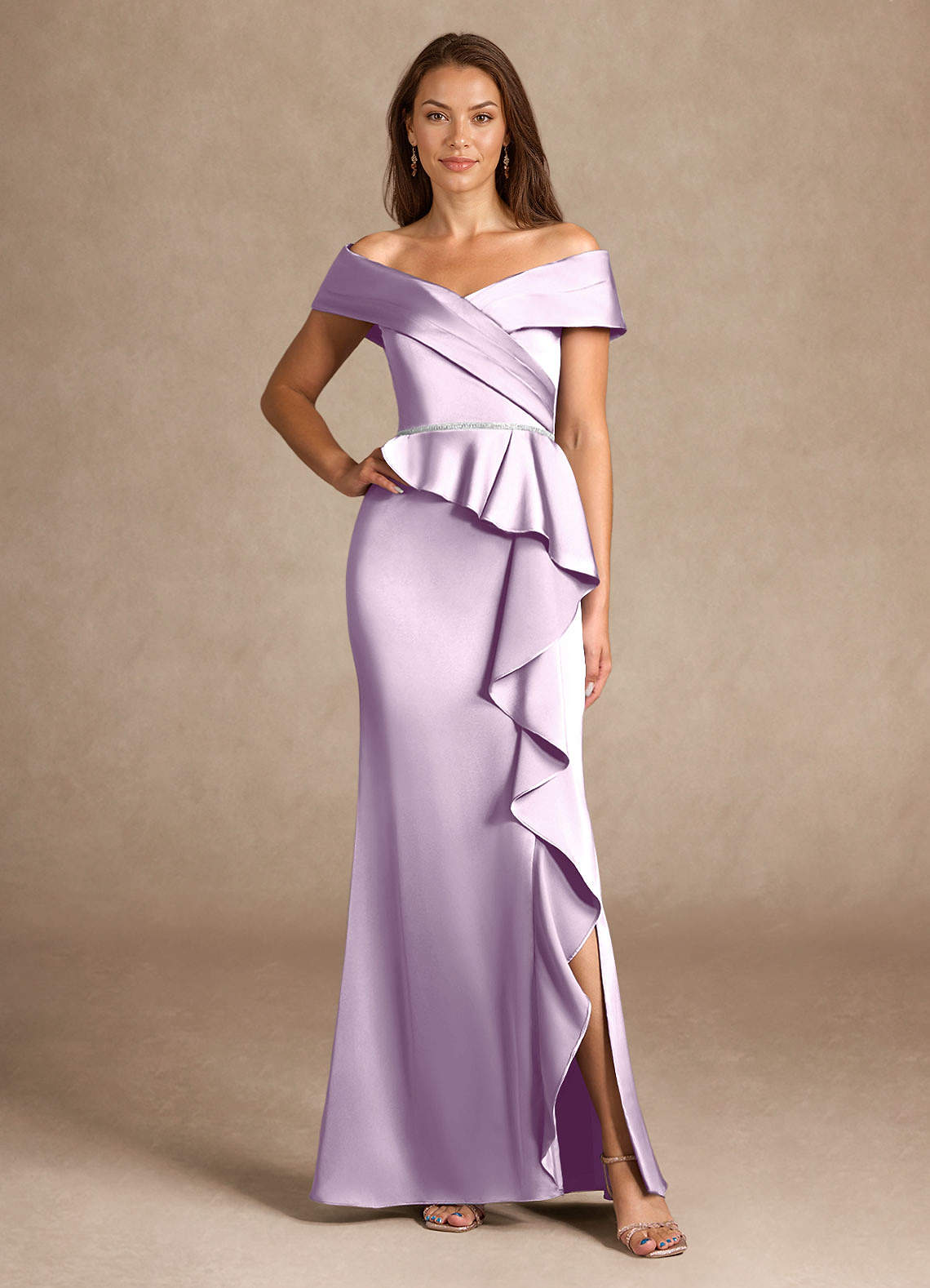 Azazie Dareia Mother of the Bride Dresses Frosted Lilac Mermaid Off the Shoulder Stretch Satin Dress image1