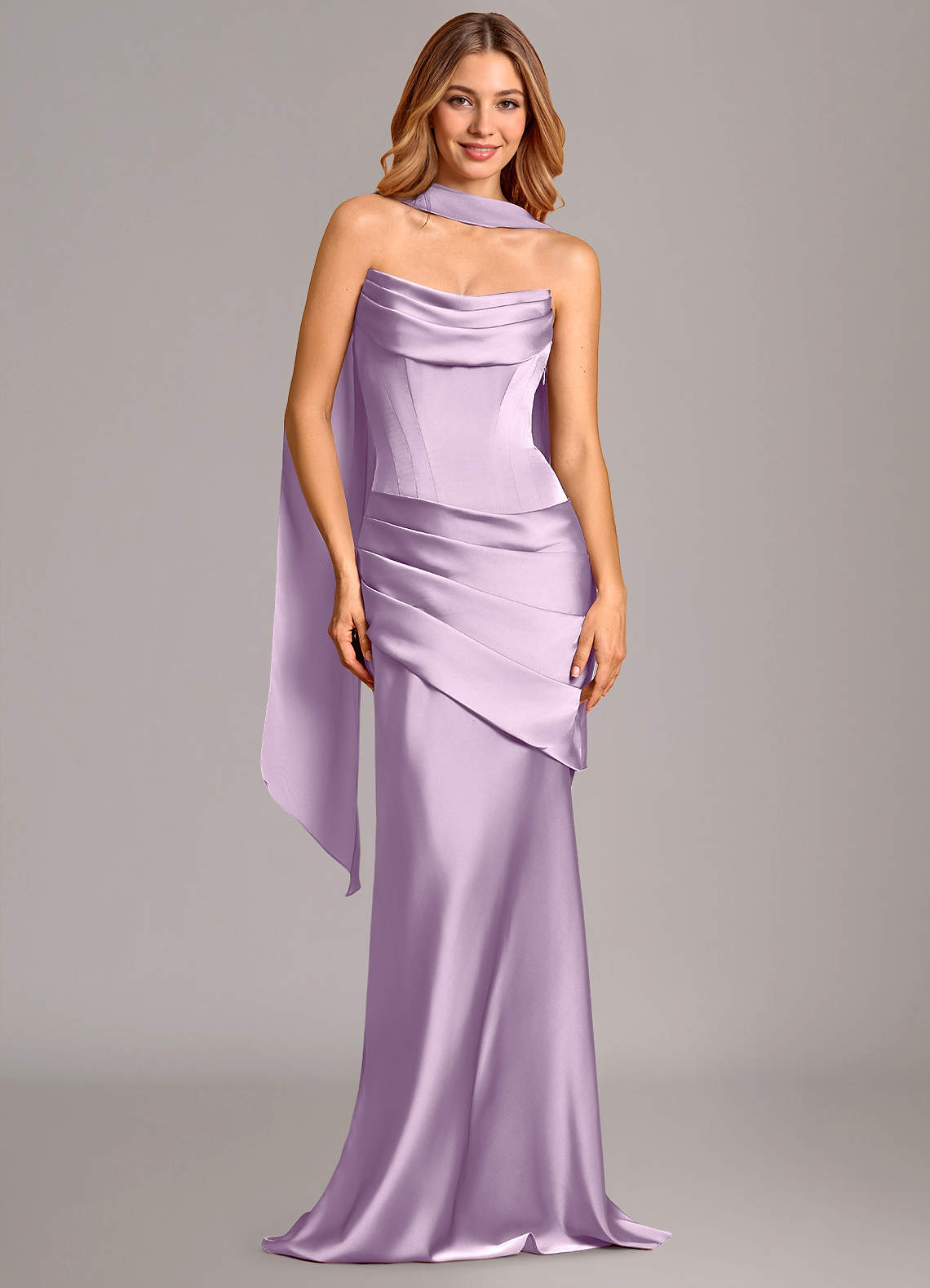 Azazie Pelagia Bridesmaid Dresses Frosted Lilac Mermaid Corset Stretch Satin Convertible Dress image1