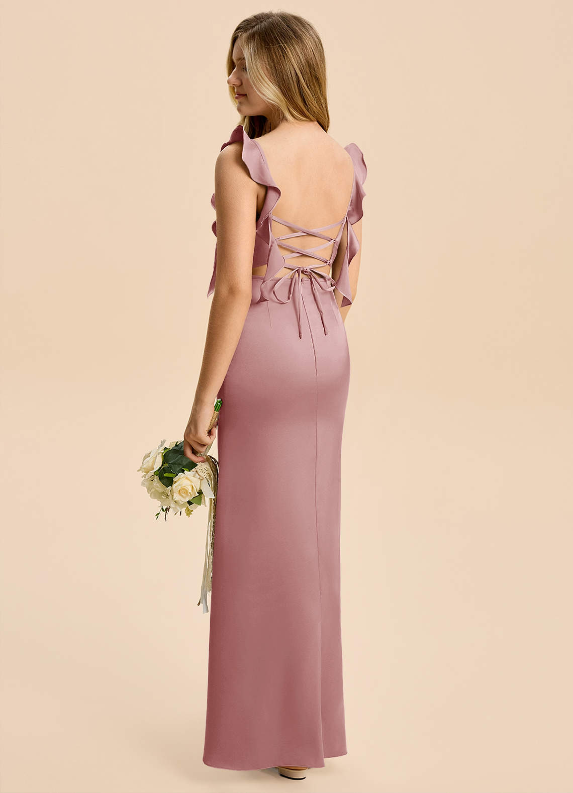 Azazie Jessamine Junior Dusty Rose A-Line Ruched Stretch Satin Dress image3
