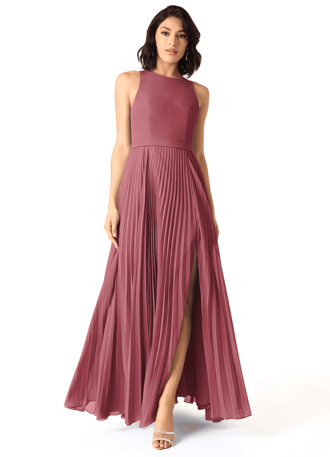Azazie Lindie Bridesmaid Dresses Merlot A-Line Scoop Pleated Chiffon Dress image1