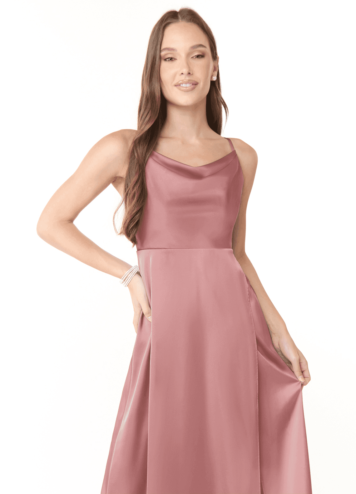 Azazie Naomie 신부 들러리 드레스 A라인 사이드 슬릿 스트레치 새틴 바닥 길이 드레스 image1